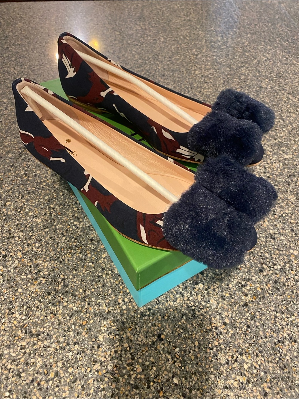 kate spade Navy Floral Ballet Flats with Navy Pom Poms